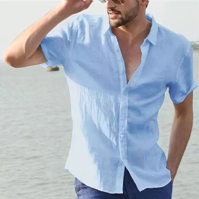 White Shirt Men Casual Short Sleeve Top Summer Button Turn-Down Collar Shirt Beach Wear Slim Fit Shirts