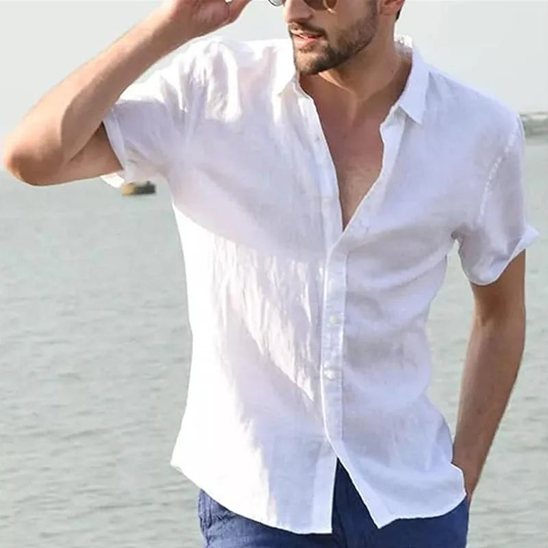 White Shirt Men Casual Short Sleeve Top Summer Button Turn-Down Collar Shirt Beach Wear Slim Fit Shirts