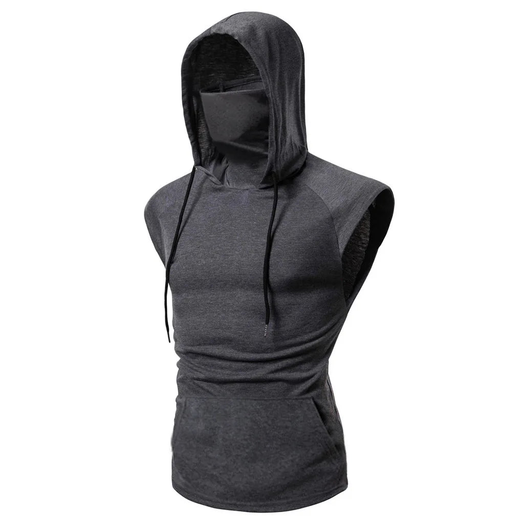 Mens Gym Thin Hoodie Long Sleeve Hoodies With Mask Sweatshirt Casual Splice Large Open-Forked Mask Hoodie Sweatshirt Hooded Tops