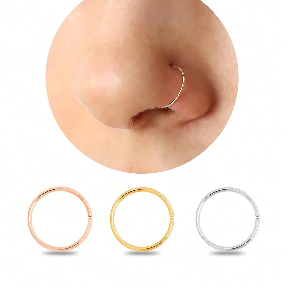 3Pcs 14K Gold Plated Nose Rings Hoops for Women/Men, 22 Gauge 8mm Small Thin Nose Piercing Jewelry,Tiny Septum Cartilage Helix