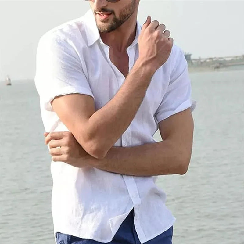 White Shirt Men Casual Short Sleeve Top Summer Button Turn-Down Collar Shirt Beach Wear Slim Fit Shirts