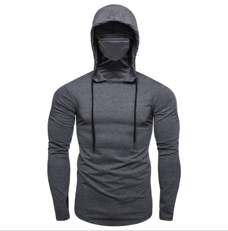 Mens Gym Thin Hoodie Long Sleeve Hoodies With Mask Sweatshirt Casual Splice Large Open-Forked Mask Hoodie Sweatshirt Hooded Tops