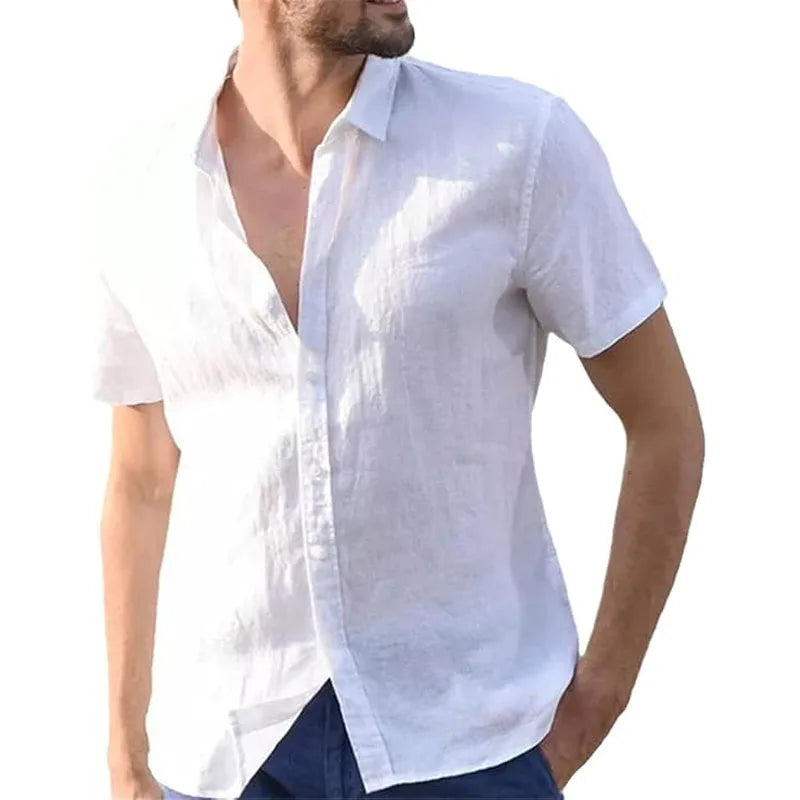 White Shirt Men Casual Short Sleeve Top Summer Button Turn-Down Collar Shirt Beach Wear Slim Fit Shirts