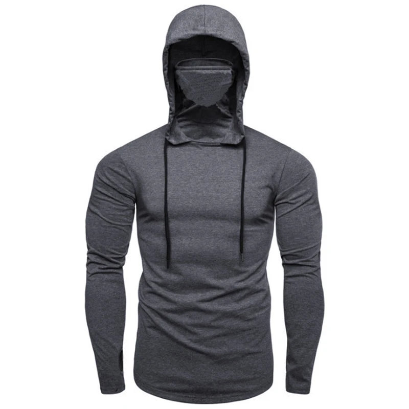 Mens Gym Thin Hoodie Long Sleeve Hoodies With Mask Sweatshirt Casual Splice Large Open-Forked Mask Hoodie Sweatshirt Hooded Tops