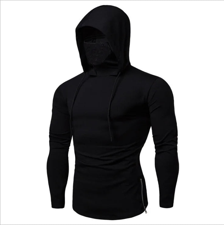 Mens Gym Thin Hoodie Long Sleeve Hoodies With Mask Sweatshirt Casual Splice Large Open-Forked Mask Hoodie Sweatshirt Hooded Tops