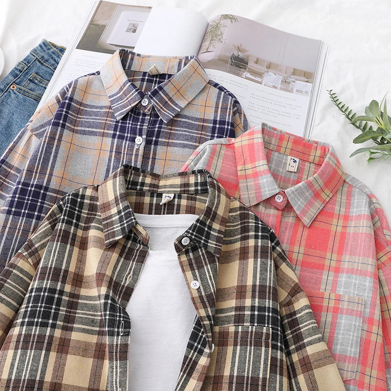 2025 New Fashion Loose Womens Plaid Shirt Fresh College Style Design Blouses And Tops Long Sleeve Casual Female Checked Clothes