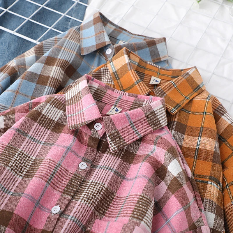 2025 New Fashion Loose Womens Plaid Shirt Fresh College Style Design Blouses And Tops Long Sleeve Casual Female Checked Clothes