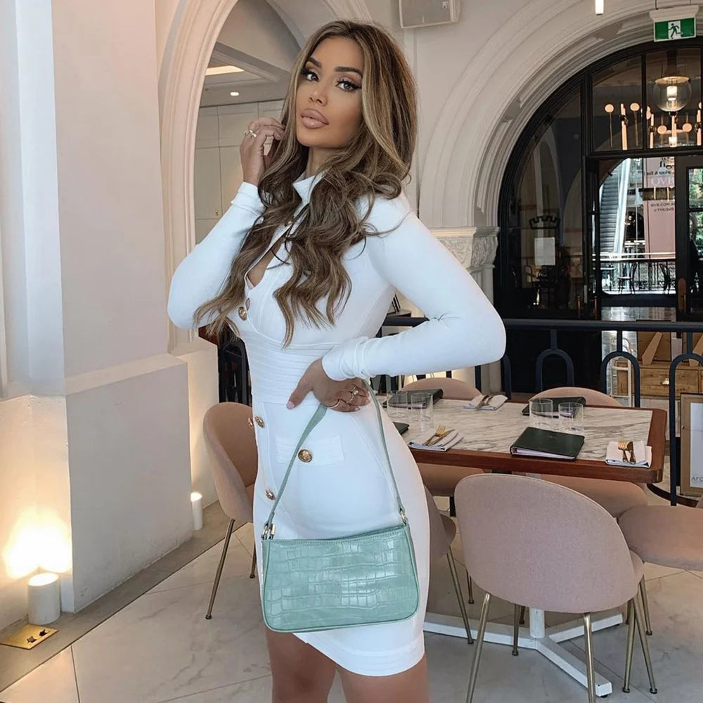 Women's Button Long Sleeve Hollow Out Bandage Dress Mini Black White Bodycon  Spring Elegant Sexy Club Evening Party Dresses