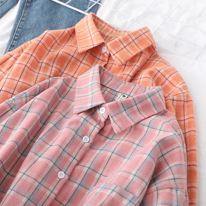 2025 New Fashion Loose Womens Plaid Shirt Fresh College Style Design Blouses And Tops Long Sleeve Casual Female Checked Clothes