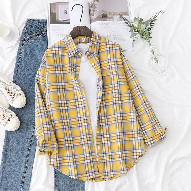 2025 New Fashion Loose Womens Plaid Shirt Fresh College Style Design Blouses And Tops Long Sleeve Casual Female Checked Clothes
