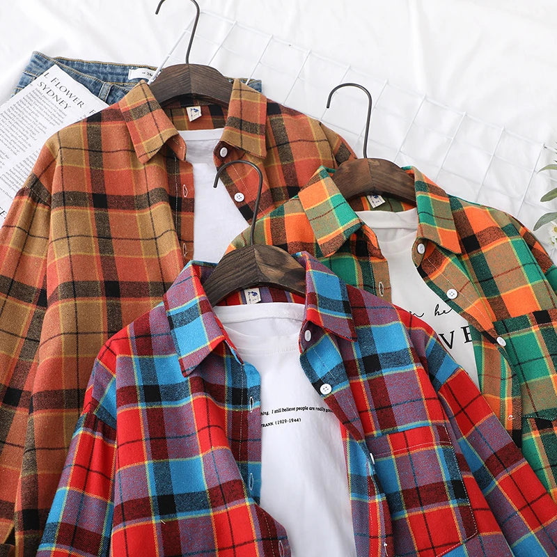 2025 New Fashion Loose Womens Plaid Shirt Fresh College Style Design Blouses And Tops Long Sleeve Casual Female Checked Clothes