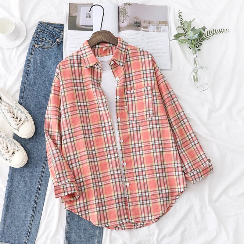 2025 New Fashion Loose Womens Plaid Shirt Fresh College Style Design Blouses And Tops Long Sleeve Casual Female Checked Clothes