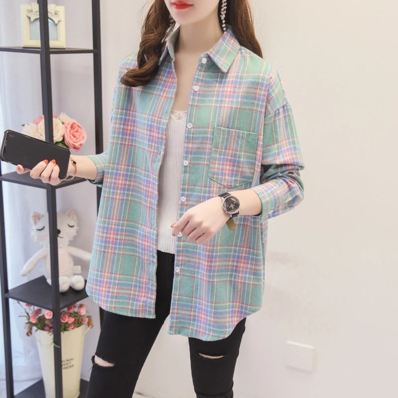 2025 New Fashion Loose Womens Plaid Shirt Fresh College Style Design Blouses And Tops Long Sleeve Casual Female Checked Clothes