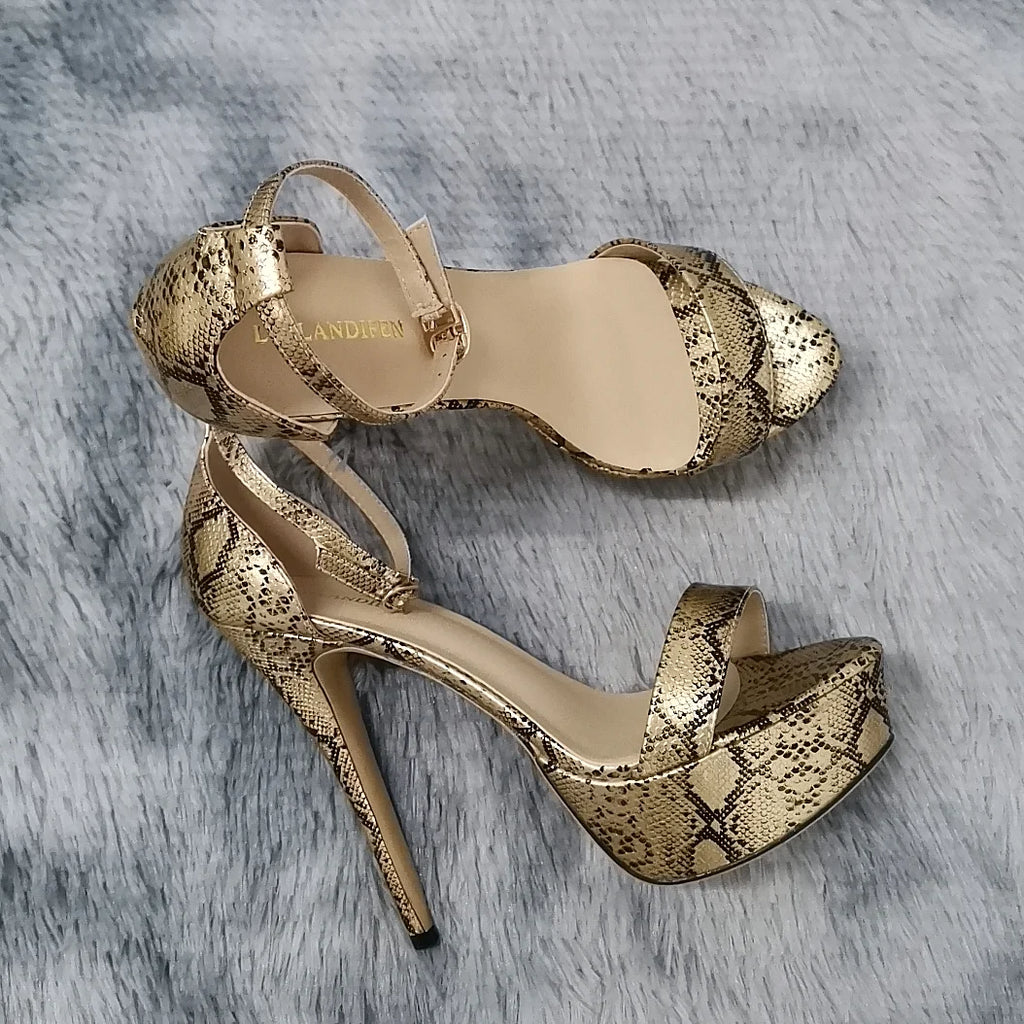 Women Sandals Sexy Serpentine Open Toes Buckle Strap Sandal 14cm Supper High Heels Nighclub Platform Party Dress Wedding Shoes
