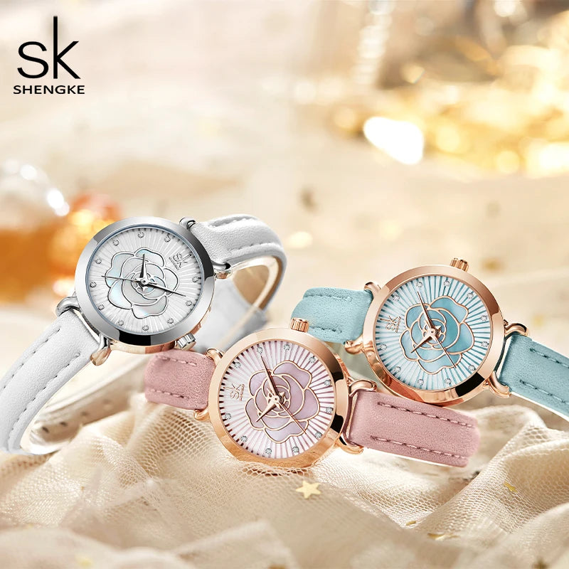 Shengke Women Watch Brand New White Leather Montre Femme Elegant Colorful Flower Dial Watches Japan Movement Quartz Watch