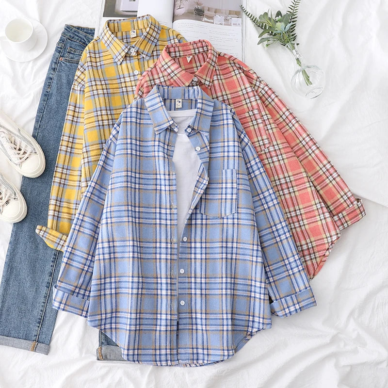 2025 New Fashion Loose Womens Plaid Shirt Fresh College Style Design Blouses And Tops Long Sleeve Casual Female Checked Clothes
