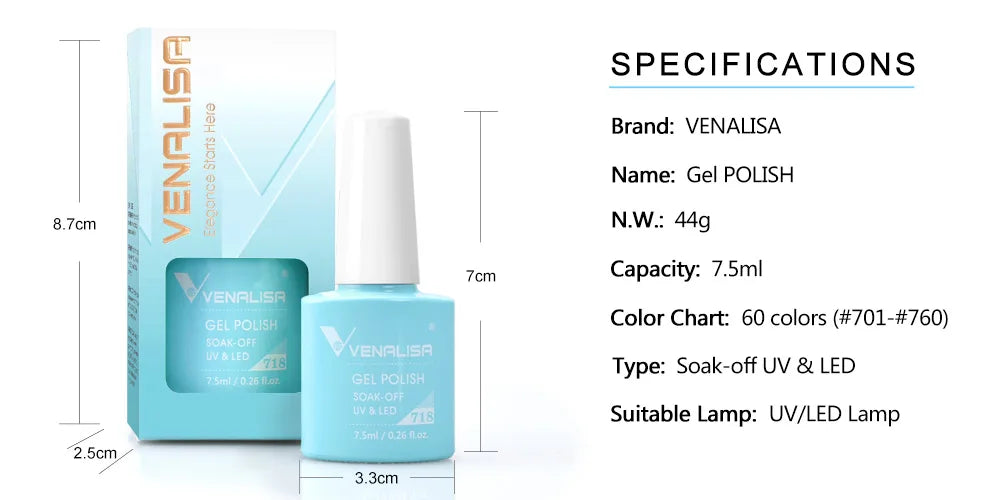 Venalisa Gel Nail Polish 7.5ml White Cap Glass Nail Gel Polish NoWipe Top Soak Off UV LED Nail Lacquer Glitter Color Gel