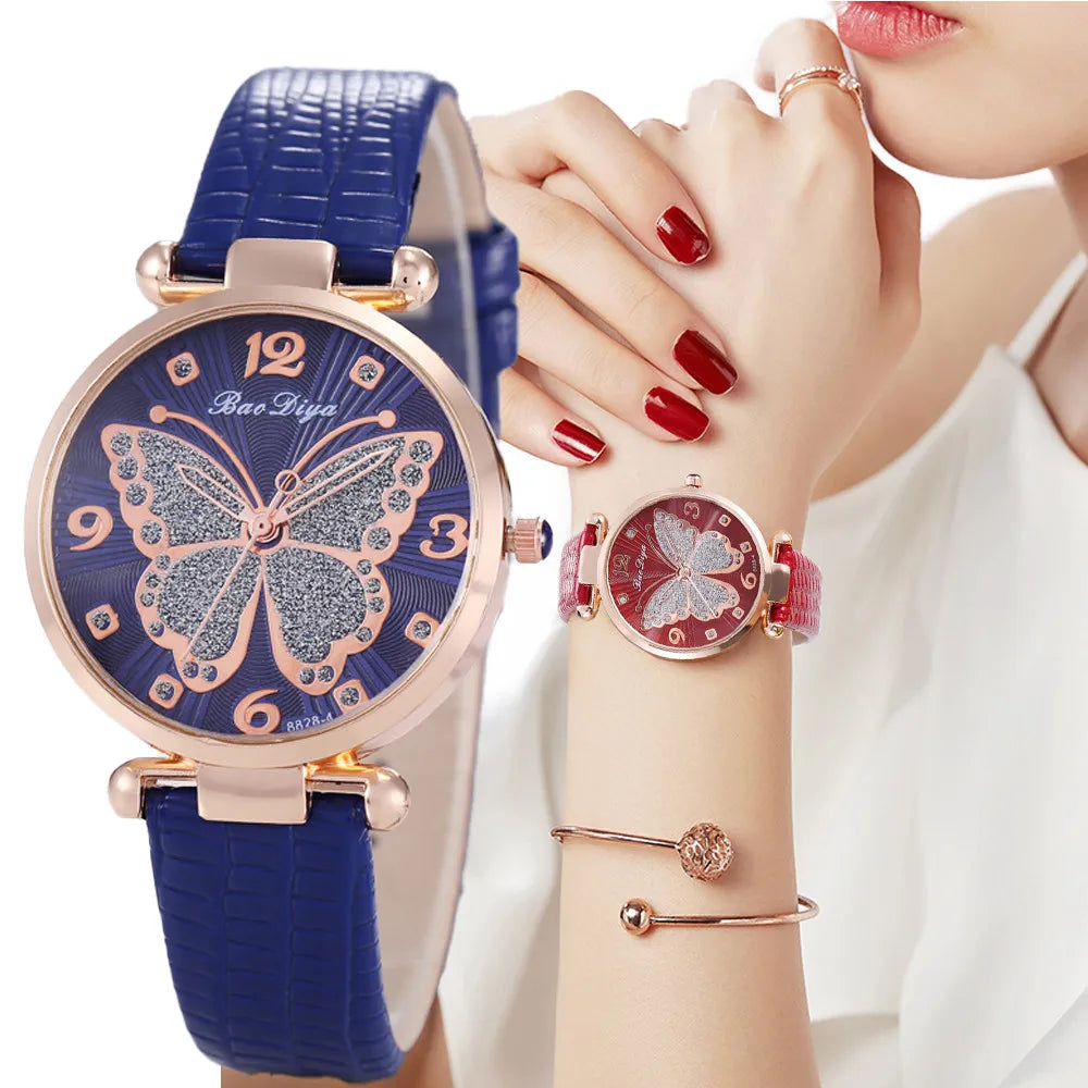 Butterfly Diamond Dial Design Women Quartz Watches Fashion Casual Ladies Wristwatches Simple Woman Leather Clock Montre Femme