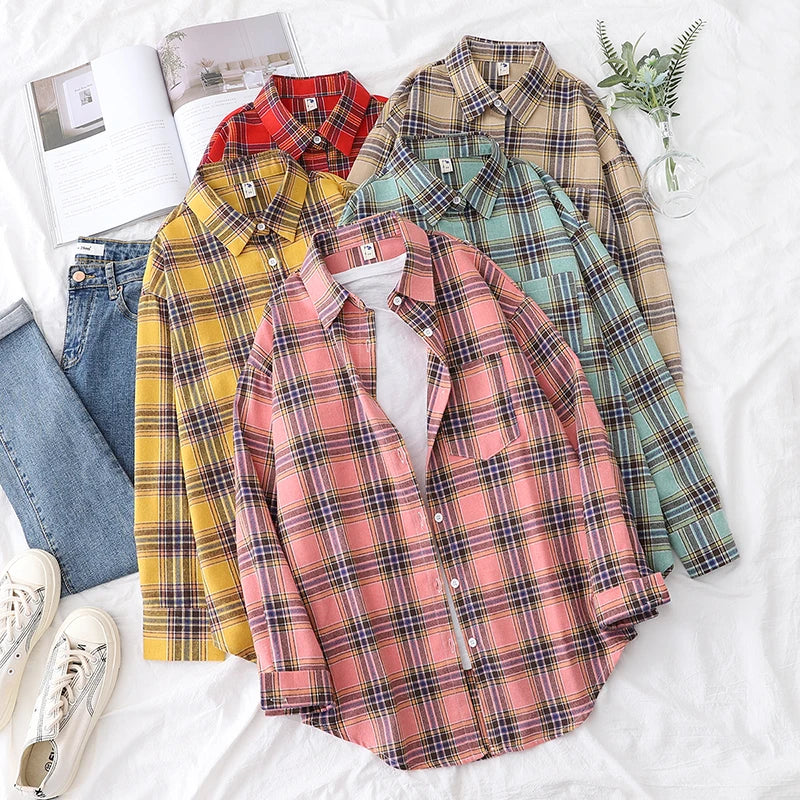 2025 New Fashion Loose Womens Plaid Shirt Fresh College Style Design Blouses And Tops Long Sleeve Casual Female Checked Clothes