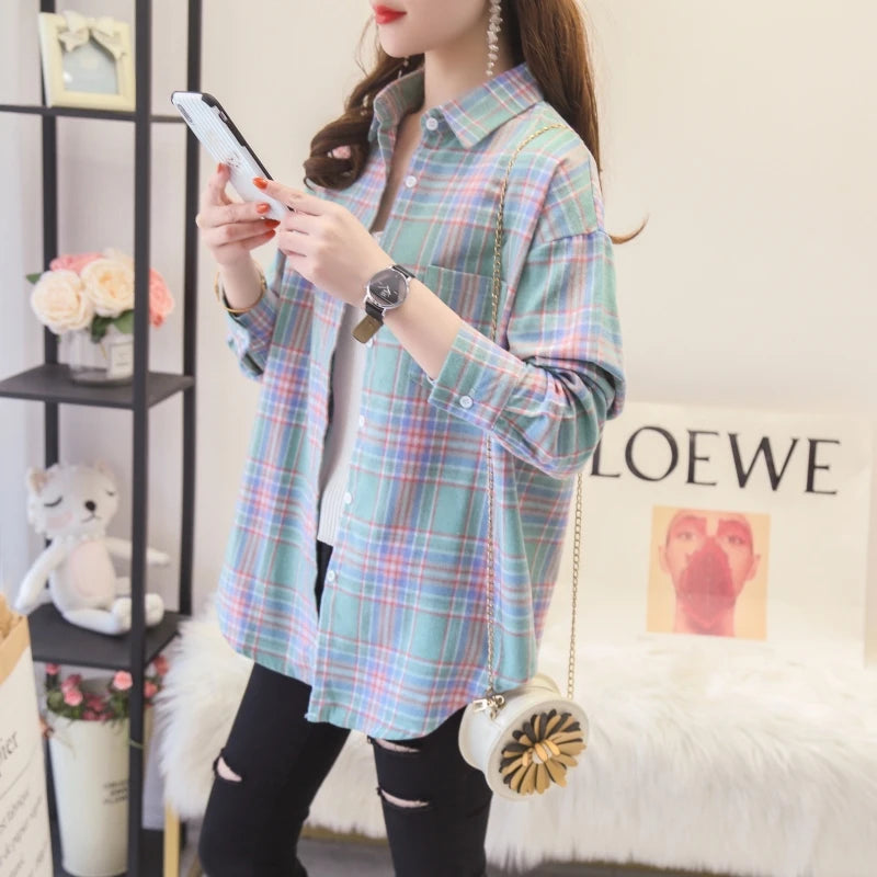 2025 New Fashion Loose Womens Plaid Shirt Fresh College Style Design Blouses And Tops Long Sleeve Casual Female Checked Clothes
