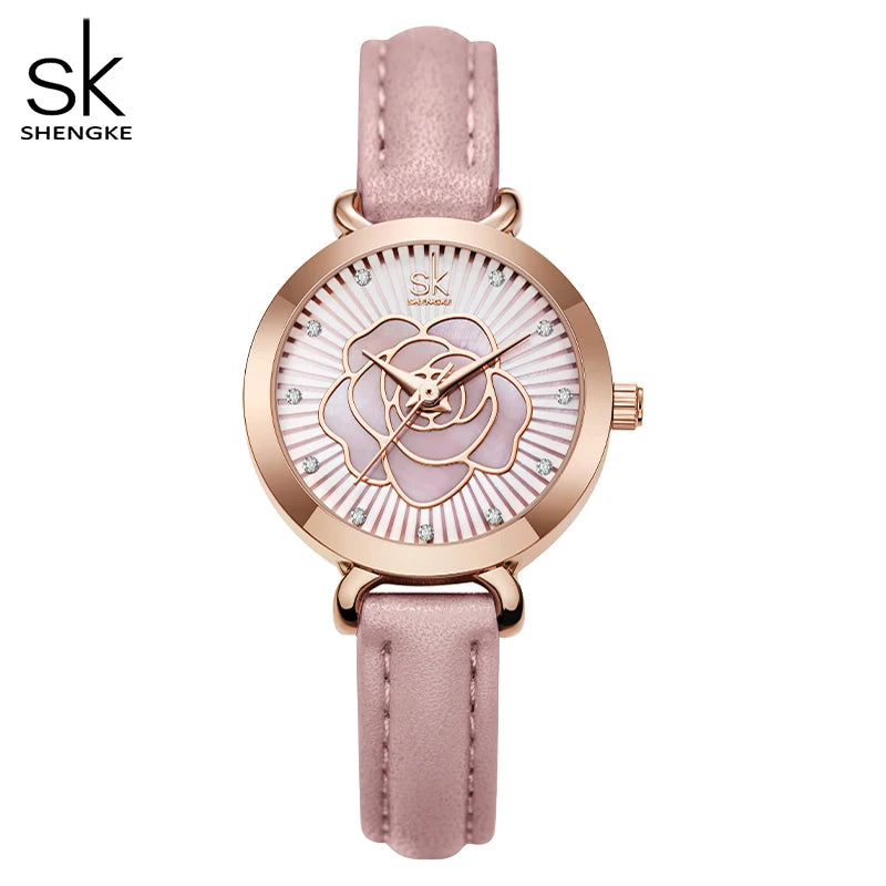 Shengke Women Watch Brand New White Leather Montre Femme Elegant Colorful Flower Dial Watches Japan Movement Quartz Watch