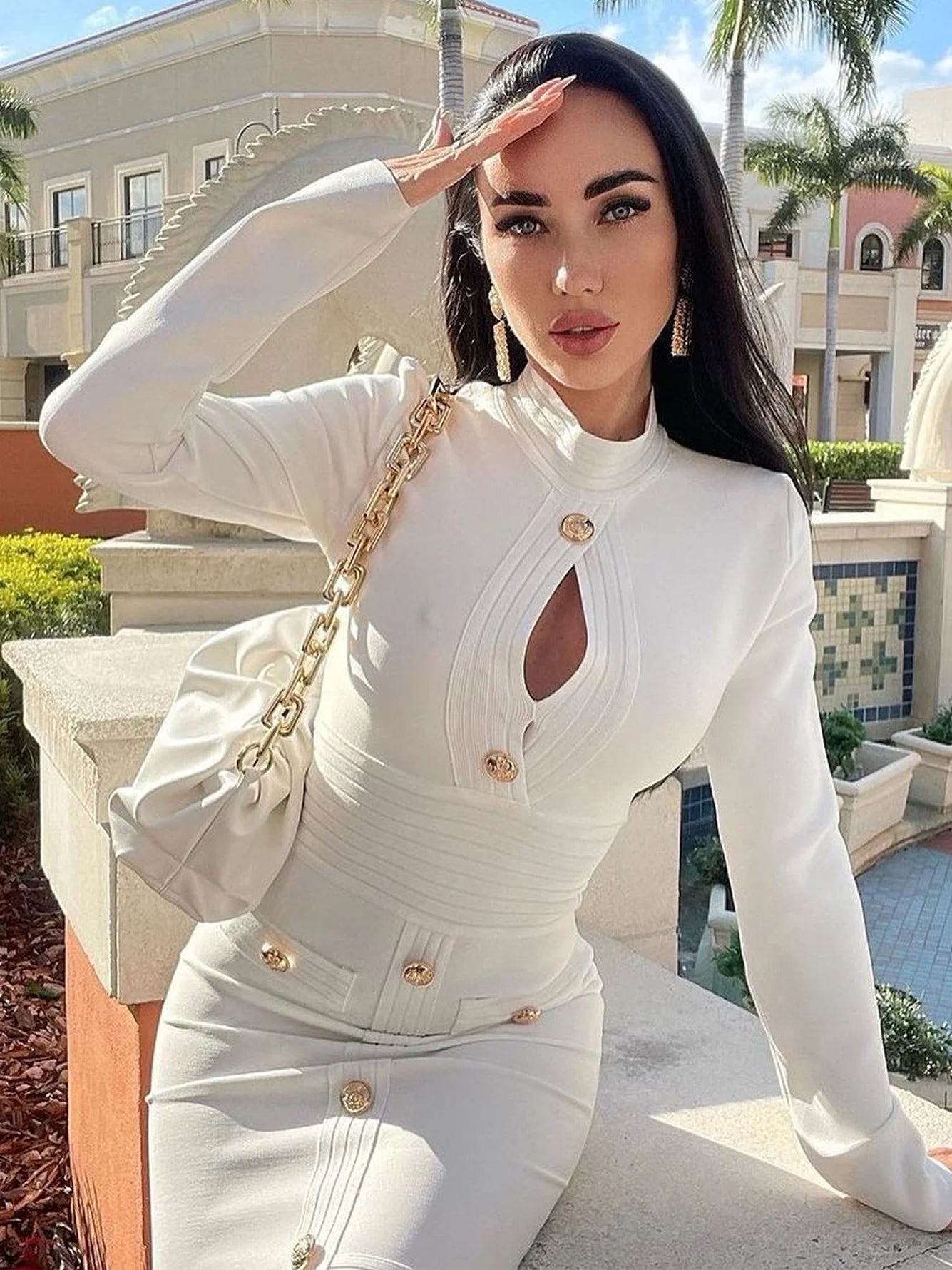 Women's Button Long Sleeve Hollow Out Bandage Dress Mini Black White Bodycon  Spring Elegant Sexy Club Evening Party Dresses