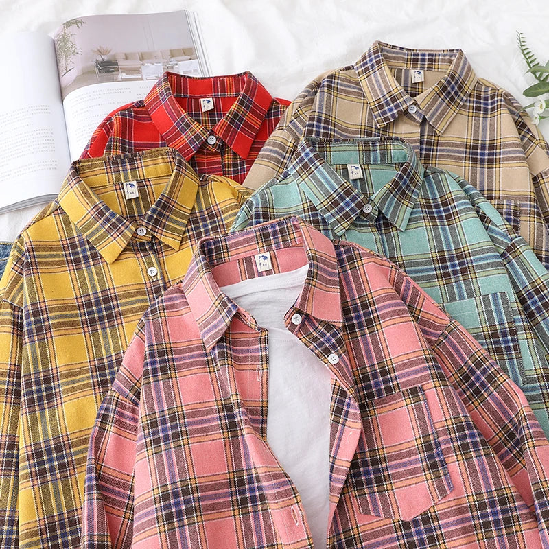 2025 New Fashion Loose Womens Plaid Shirt Fresh College Style Design Blouses And Tops Long Sleeve Casual Female Checked Clothes