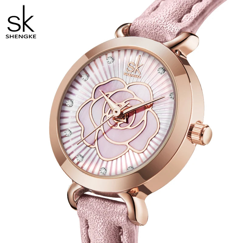 Shengke Women Watch Brand New White Leather Montre Femme Elegant Colorful Flower Dial Watches Japan Movement Quartz Watch