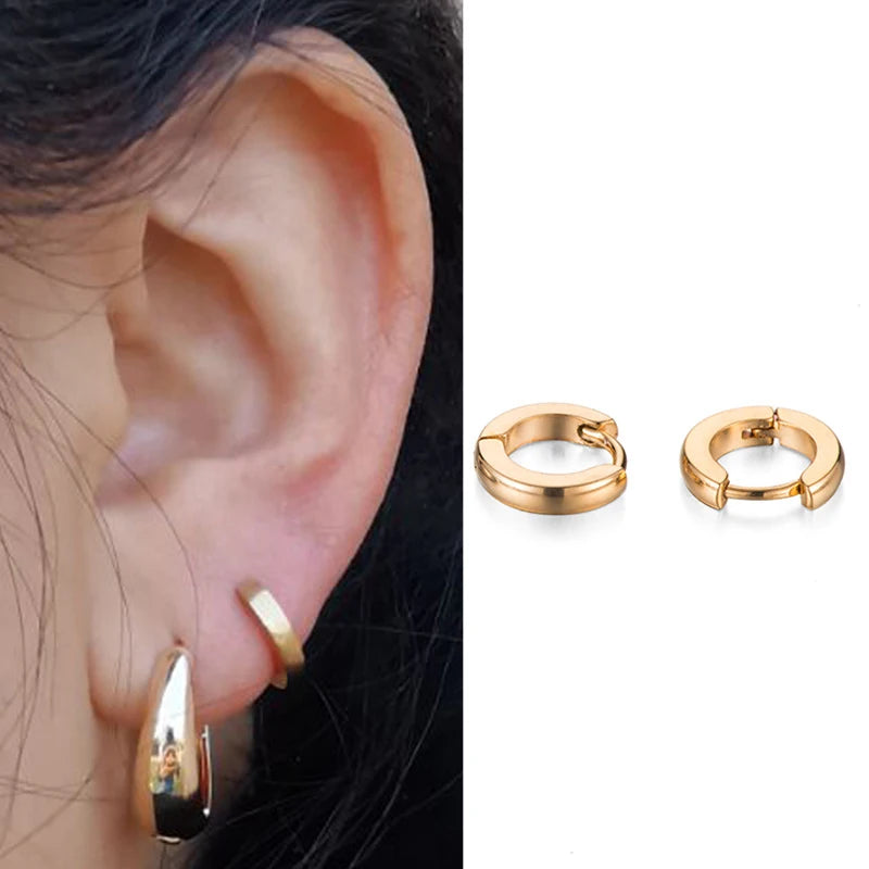 Minimalist Fat Thick Huggie Stainless Steel High Polish Gold Color Hoop Earrings Women Men Small Round Circle Piercing Ear Rings