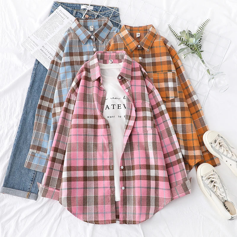 2025 New Fashion Loose Womens Plaid Shirt Fresh College Style Design Blouses And Tops Long Sleeve Casual Female Checked Clothes