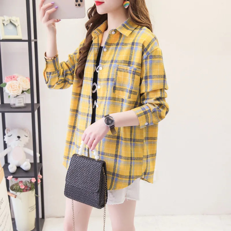 2025 New Fashion Loose Womens Plaid Shirt Fresh College Style Design Blouses And Tops Long Sleeve Casual Female Checked Clothes