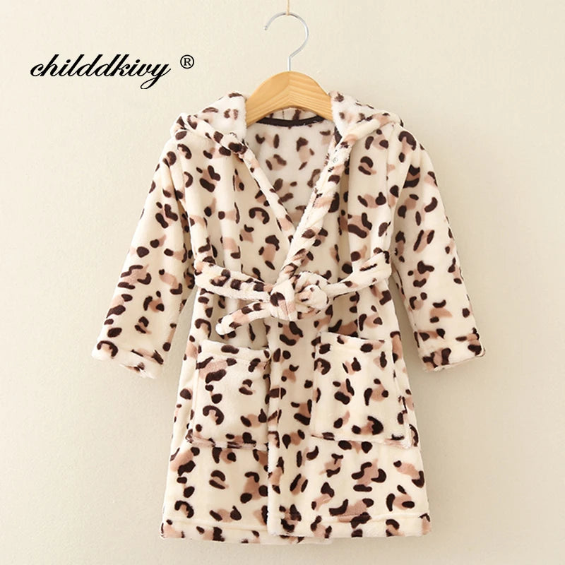 Boy and Girls Flannel Pajamas Robe Autumn and Winter Children Sleepwear Soft Hooded Kids Homewear 2-8 Years