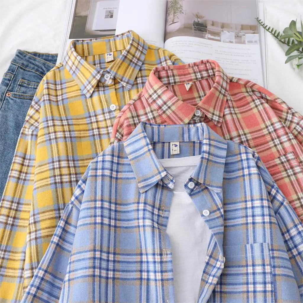 2025 New Fashion Loose Womens Plaid Shirt Fresh College Style Design Blouses And Tops Long Sleeve Casual Female Checked Clothes