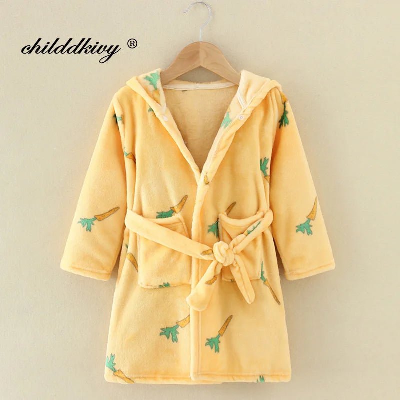 Boy and Girls Flannel Pajamas Robe Autumn and Winter Children Sleepwear Soft Hooded Kids Homewear 2-8 Years