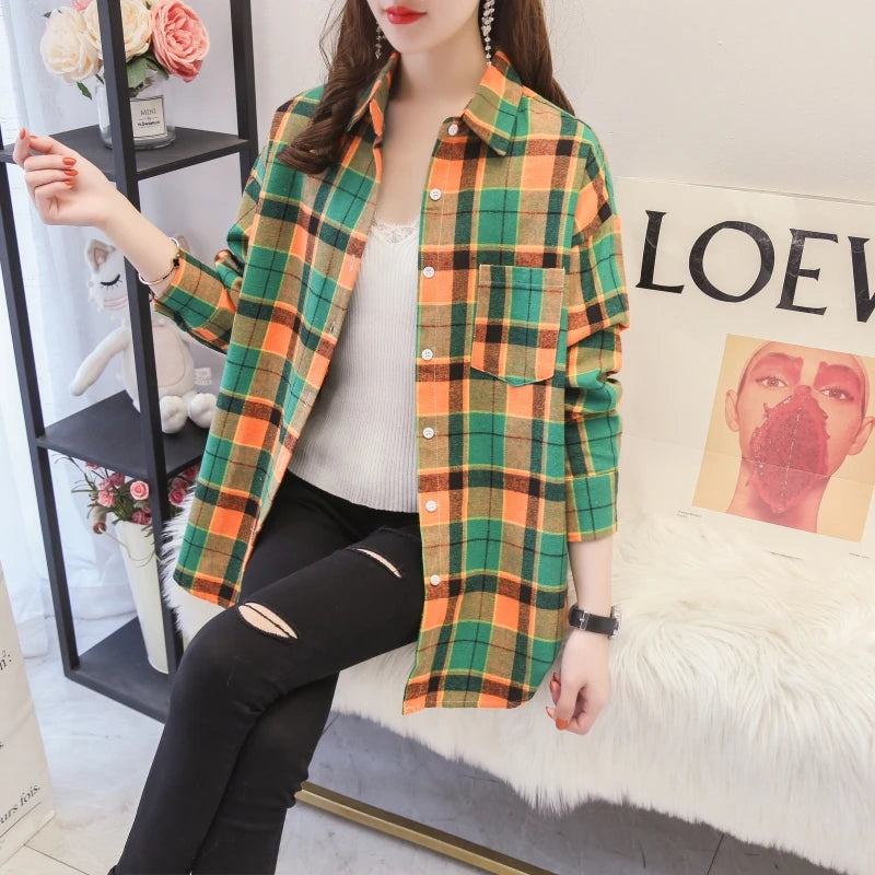 2025 New Fashion Loose Womens Plaid Shirt Fresh College Style Design Blouses And Tops Long Sleeve Casual Female Checked Clothes