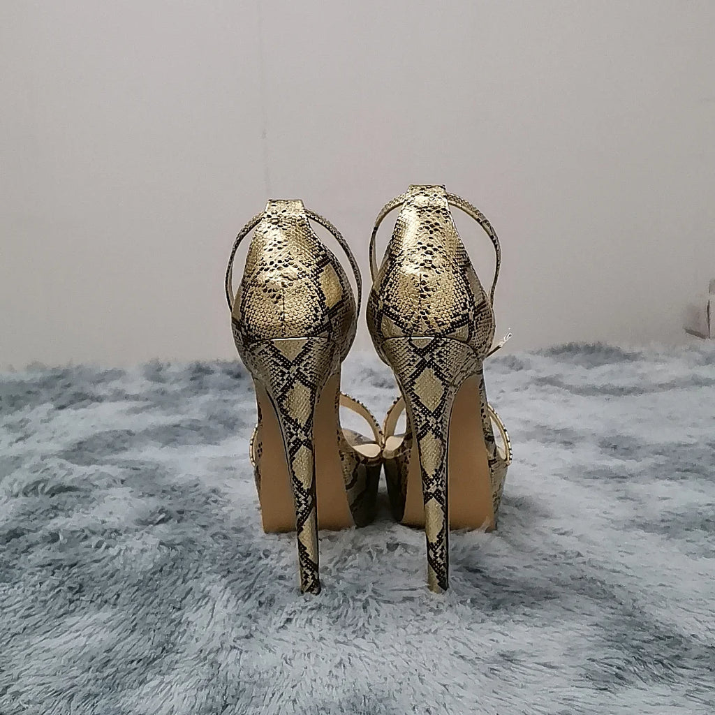 Women Sandals Sexy Serpentine Open Toes Buckle Strap Sandal 14cm Supper High Heels Nighclub Platform Party Dress Wedding Shoes