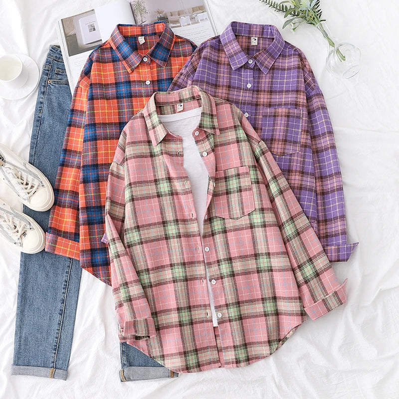 2025 New Fashion Loose Womens Plaid Shirt Fresh College Style Design Blouses And Tops Long Sleeve Casual Female Checked Clothes