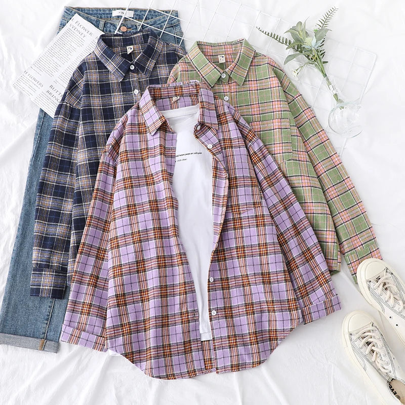 2025 New Fashion Loose Womens Plaid Shirt Fresh College Style Design Blouses And Tops Long Sleeve Casual Female Checked Clothes