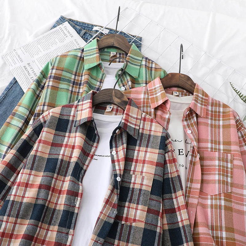 2025 New Fashion Loose Womens Plaid Shirt Fresh College Style Design Blouses And Tops Long Sleeve Casual Female Checked Clothes