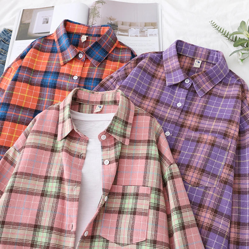 2025 New Fashion Loose Womens Plaid Shirt Fresh College Style Design Blouses And Tops Long Sleeve Casual Female Checked Clothes