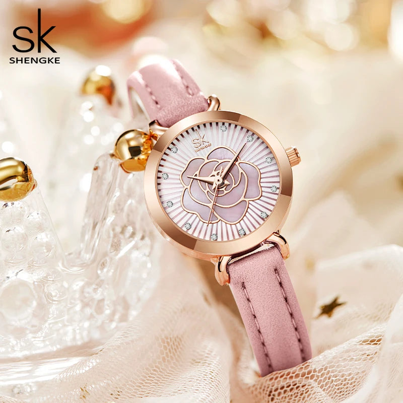 Shengke Women Watch Brand New White Leather Montre Femme Elegant Colorful Flower Dial Watches Japan Movement Quartz Watch