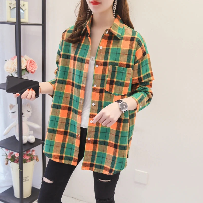 2025 New Fashion Loose Womens Plaid Shirt Fresh College Style Design Blouses And Tops Long Sleeve Casual Female Checked Clothes