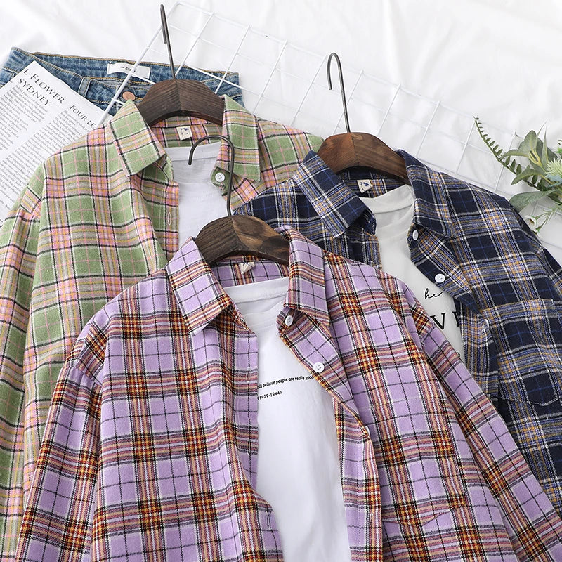 2025 New Fashion Loose Womens Plaid Shirt Fresh College Style Design Blouses And Tops Long Sleeve Casual Female Checked Clothes