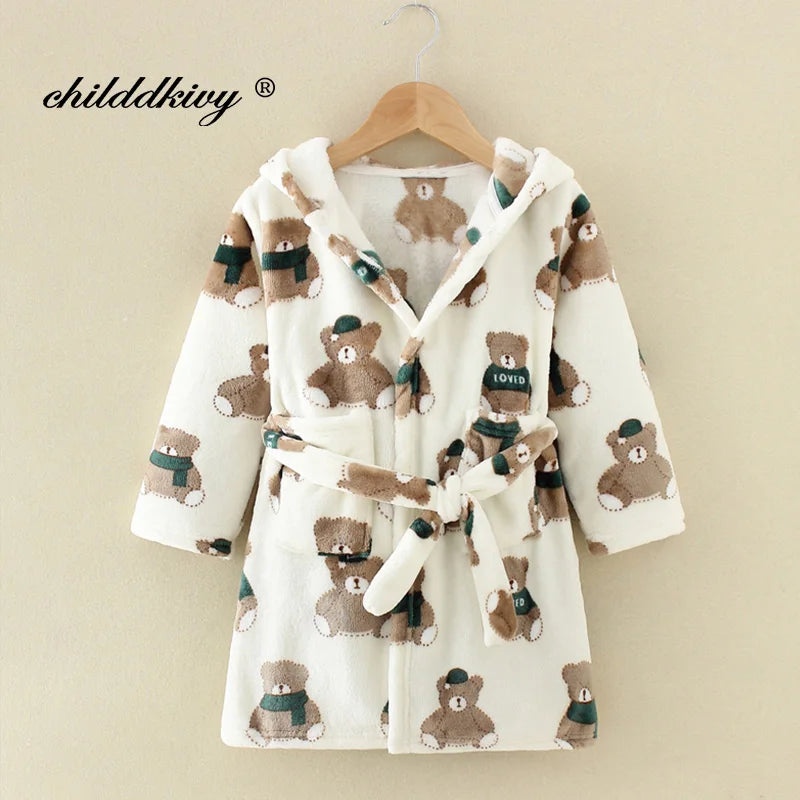 Boy and Girls Flannel Pajamas Robe Autumn and Winter Children Sleepwear Soft Hooded Kids Homewear 2-8 Years