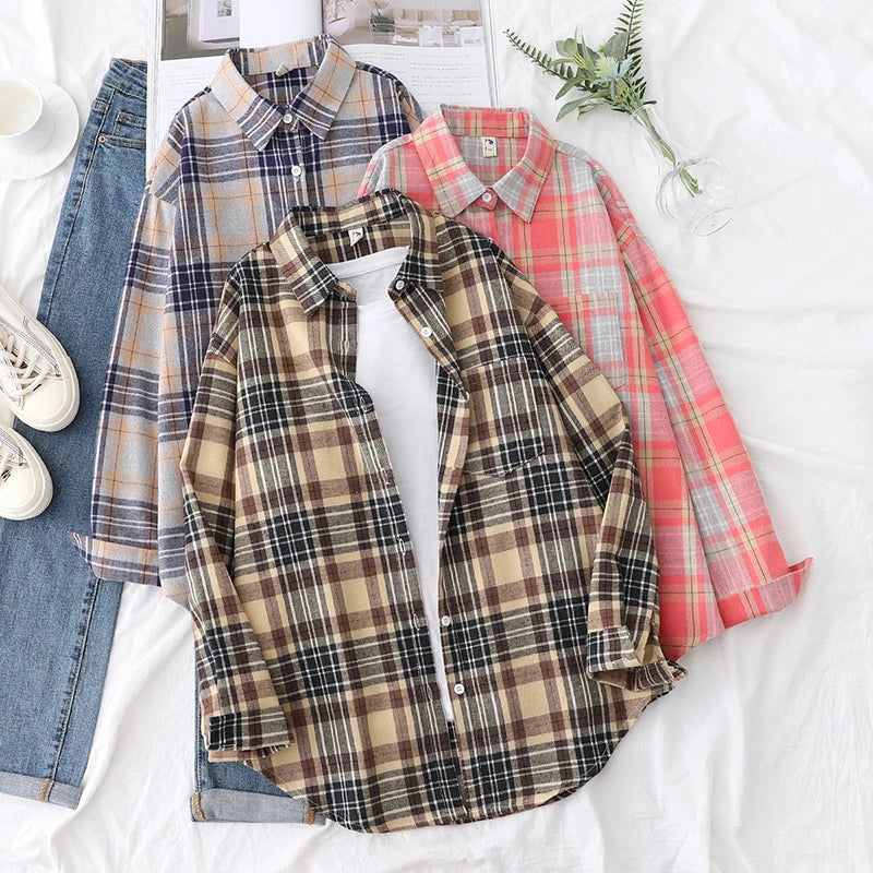 2025 New Fashion Loose Womens Plaid Shirt Fresh College Style Design Blouses And Tops Long Sleeve Casual Female Checked Clothes