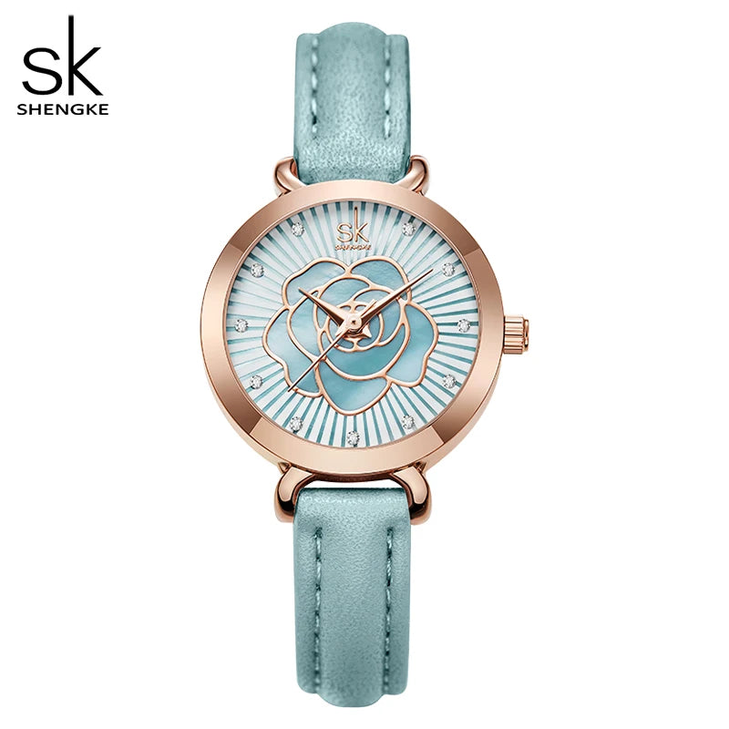 Shengke Women Watch Brand New White Leather Montre Femme Elegant Colorful Flower Dial Watches Japan Movement Quartz Watch