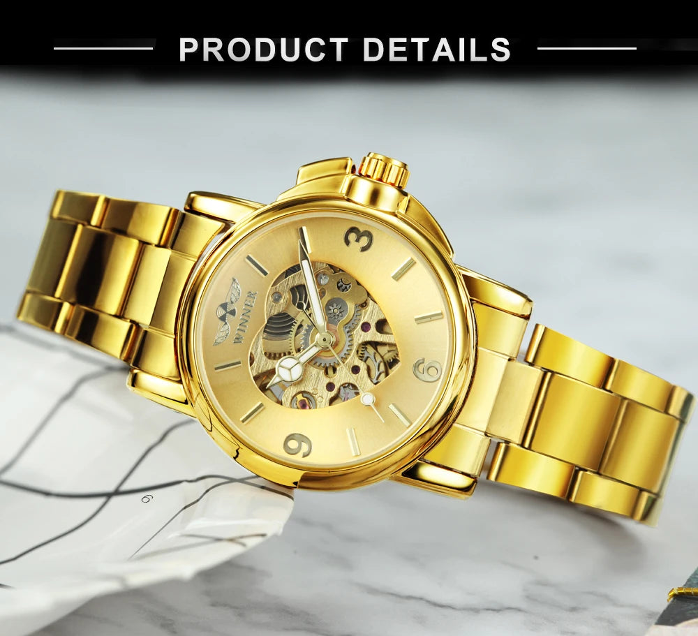 WINNER Fashion Skeleton Watch for Women Elegant Luxury Brand Automatic Mechanical Ladies Watches Gold Stainless Steel Strap 2023