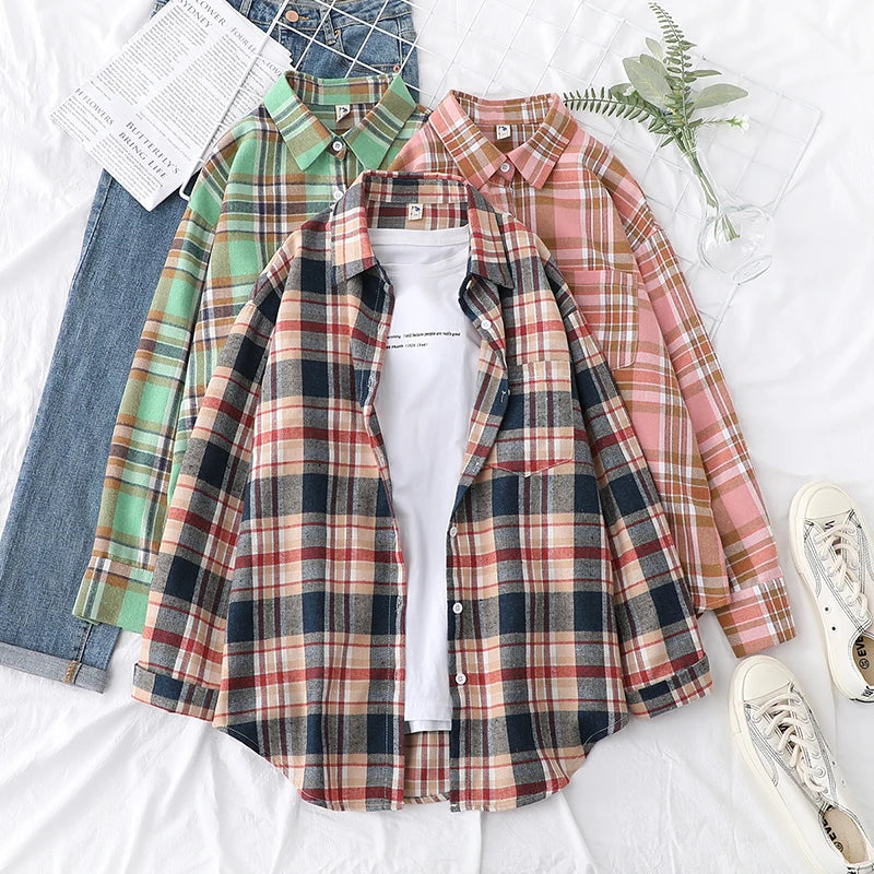 2025 New Fashion Loose Womens Plaid Shirt Fresh College Style Design Blouses And Tops Long Sleeve Casual Female Checked Clothes