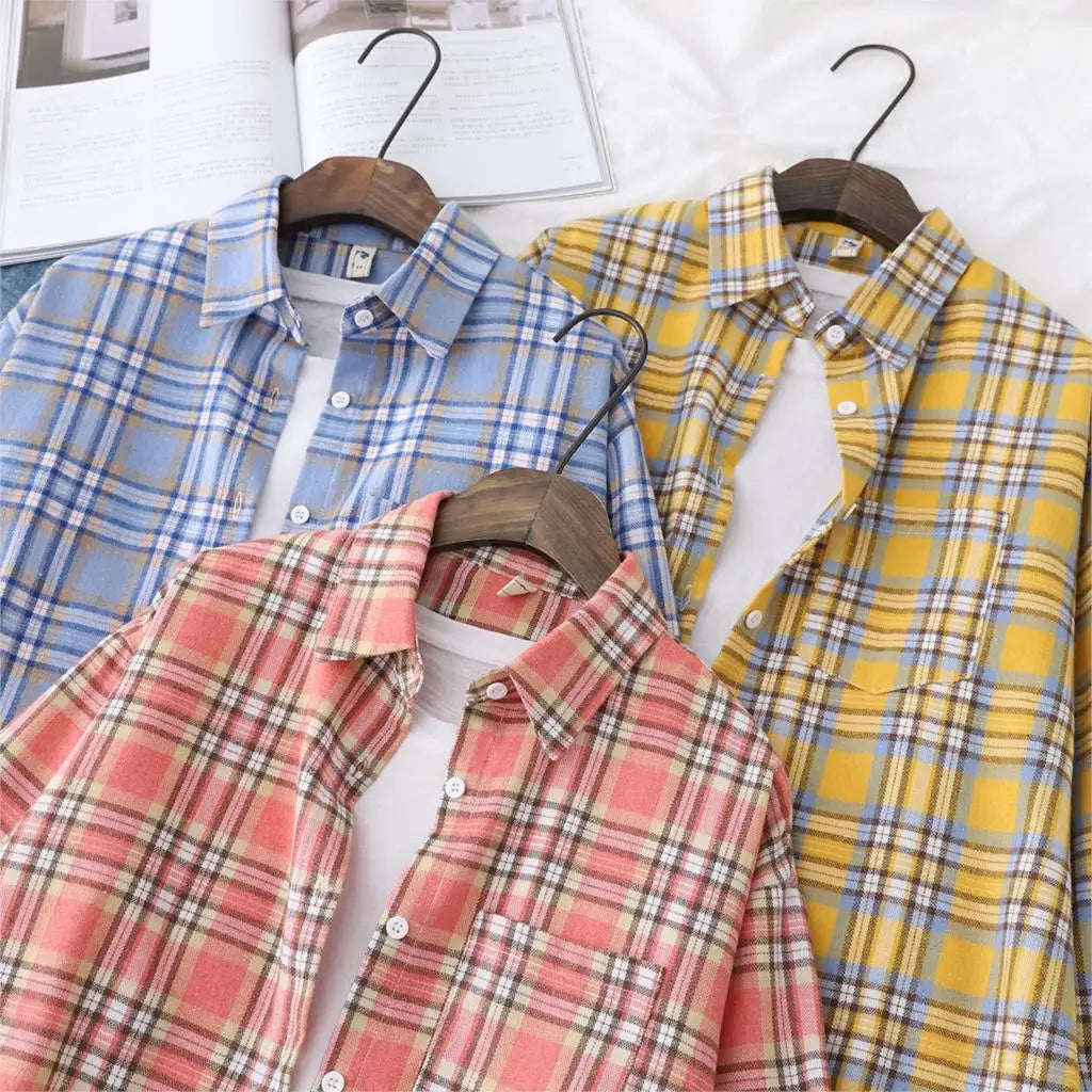 2025 New Fashion Loose Womens Plaid Shirt Fresh College Style Design Blouses And Tops Long Sleeve Casual Female Checked Clothes