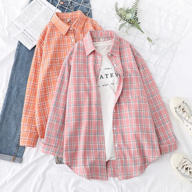 2025 New Fashion Loose Womens Plaid Shirt Fresh College Style Design Blouses And Tops Long Sleeve Casual Female Checked Clothes